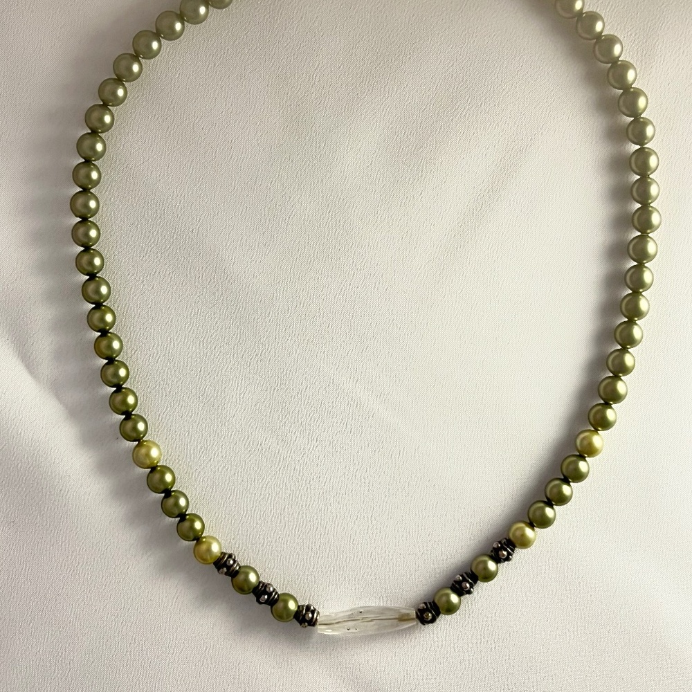 Necklace: Freshwater pearl, antiqued silver beads w/faceted Quartz Crystal.